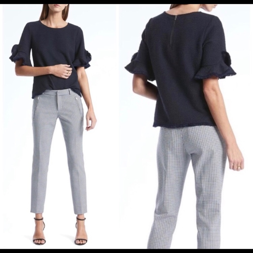 Banana Republic Navy Blue Boucle Ruffle Top Small